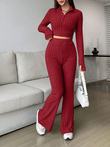 EZwear Spring ClothesWomen's Two Piece Set With Ribbed Long Sleeve Top And Flared Pants