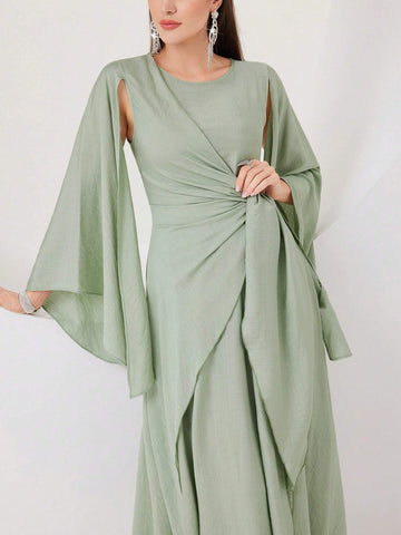 Modely Cloak Sleeve Knot Side Wrap Hem Modest Dress