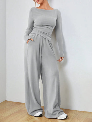 EZwear Knitted Women's Slim Fit Boat Neck Long Sleeve Top And Wide Leg Pants Set