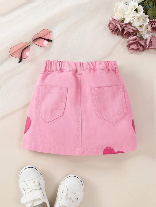 Young Girl Y2k Style Sweet And Cool Heart-Shaped Printing Elastic Waist Denim Skirt