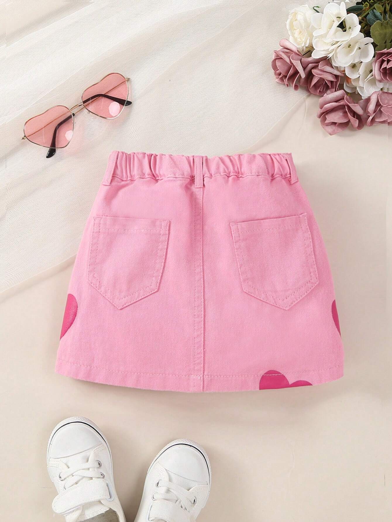 Young Girl Y2k Style Sweet And Cool Heart-Shaped Printing Elastic Waist Denim Skirt