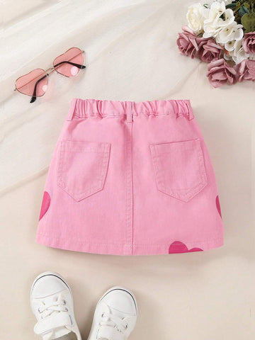 Young Girl Y2k Style Sweet And Cool Heart-Shaped Printing Elastic Waist Denim Skirt