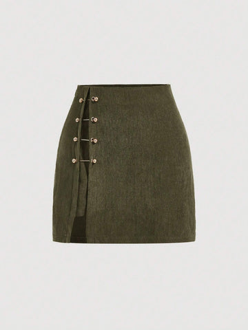 MOD Solid Color Studded Decorated Fitted Skirt