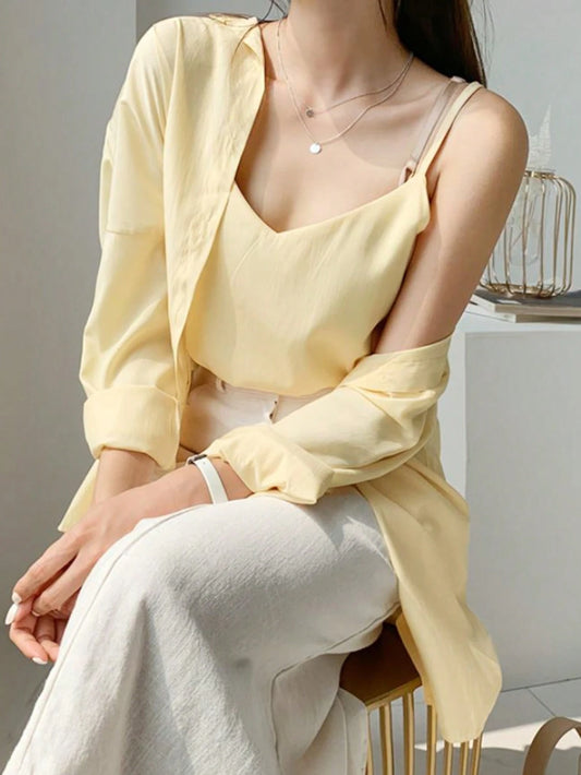 DAZY Ladies' Solid Color Long Sleeve Shirt And Camisole Top Two Piece Set