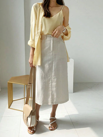 DAZY Ladies' Solid Color Long Sleeve Shirt And Camisole Top Two Piece Set