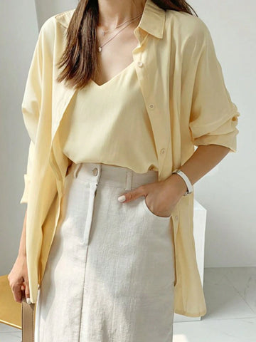 DAZY Ladies' Solid Color Long Sleeve Shirt And Camisole Top Two Piece Set