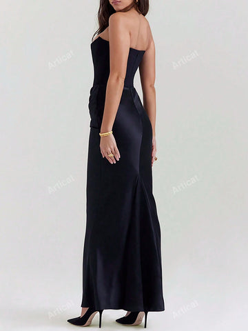 Solid Color Pleated Strapless Formal Dress For Women