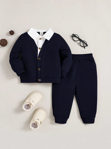 2pcs/Set Casual Knit Splice Lapel Jacket And Pants Suit For Baby Boys