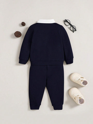 2pcs/Set Casual Knit Splice Lapel Jacket And Pants Suit For Baby Boys