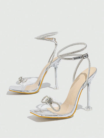Women's Rhinestone Embellished Bow Knot High Heeled Sandals With Bare Strap And Buckle
