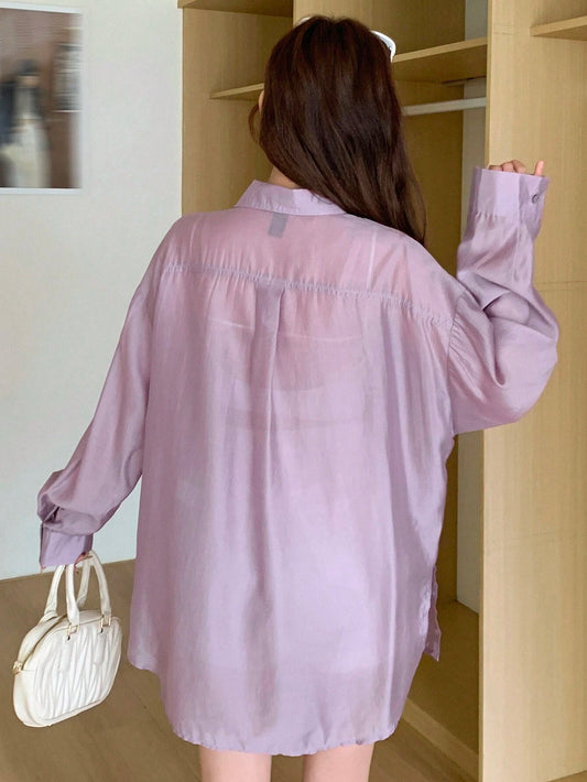 DAZY Solid Color Loose Fit Thin Long Sleeve Button Down Shirt