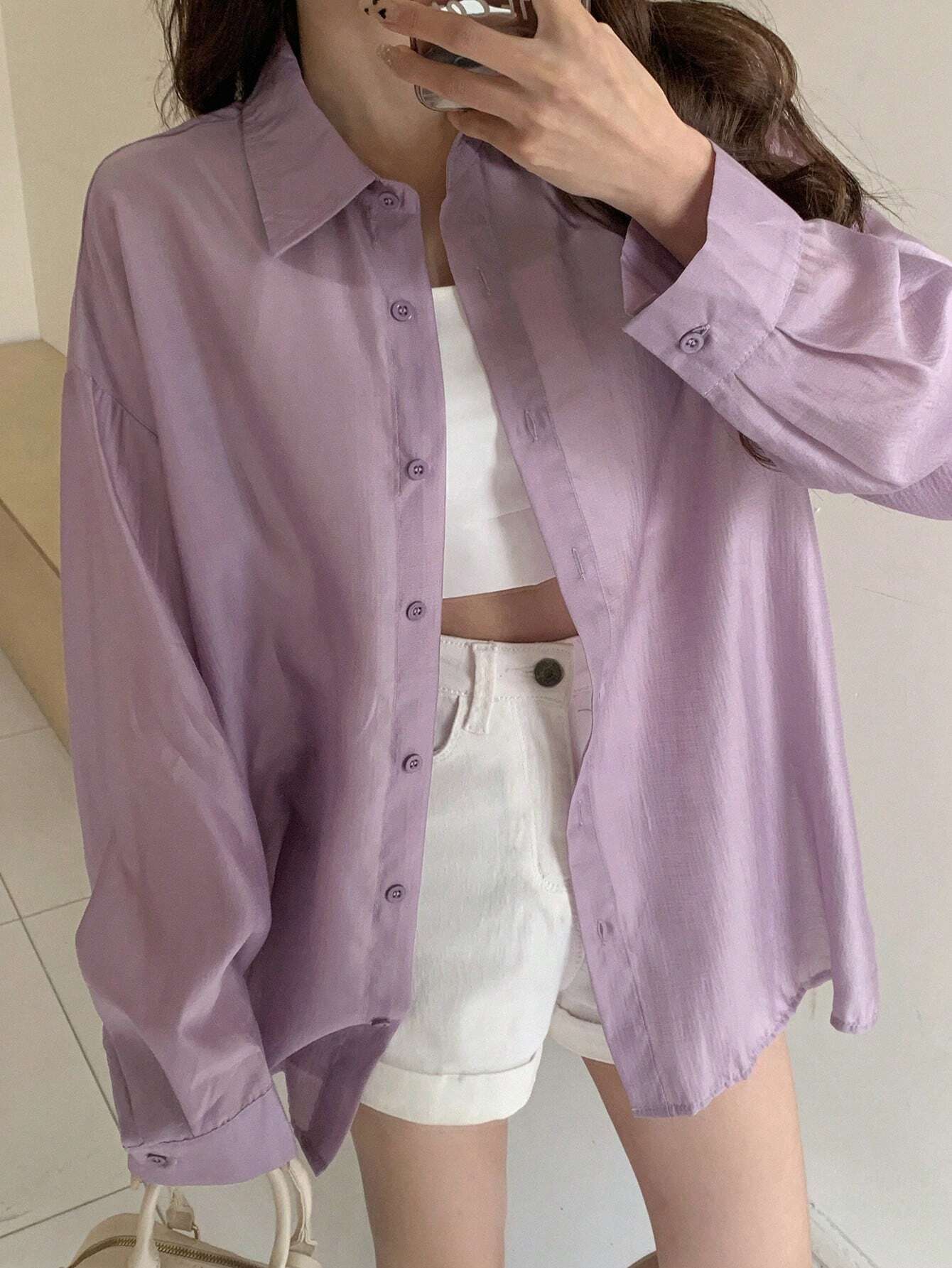 DAZY Solid Color Loose Fit Thin Long Sleeve Button Down Shirt