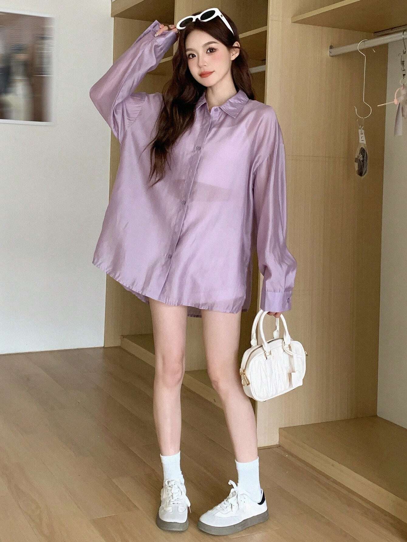 DAZY Solid Color Loose Fit Thin Long Sleeve Button Down Shirt