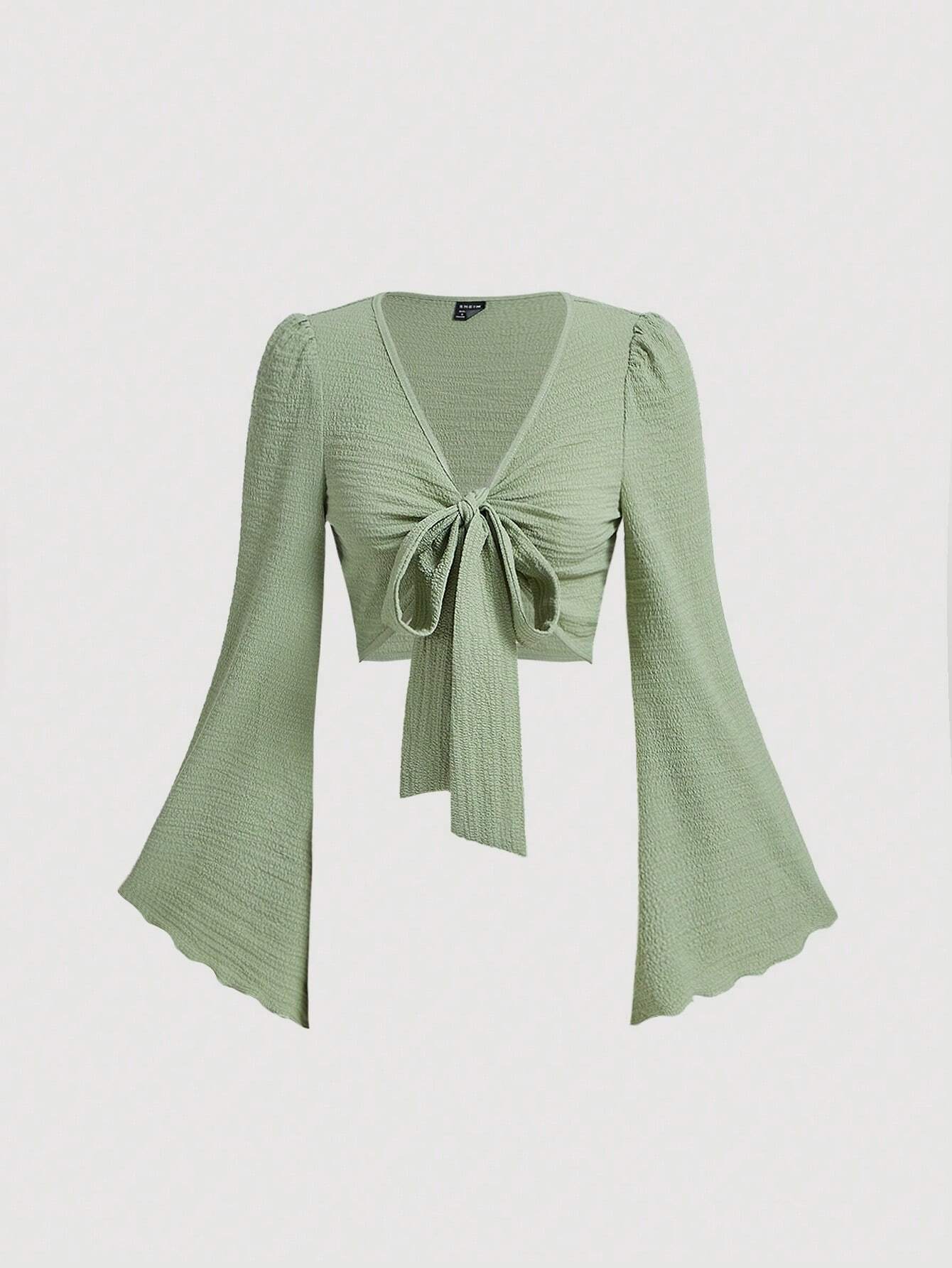 MOD Women's Pure Green Colored Knotted Bell Sleeve Top