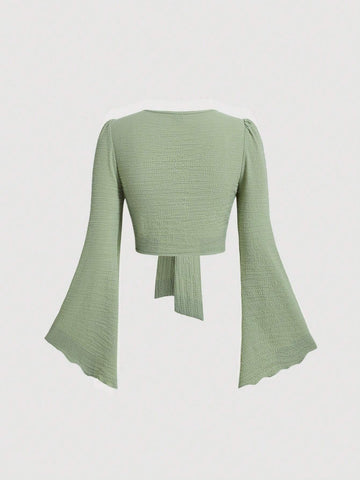 MOD Women's Pure Green Colored Knotted Bell Sleeve Top