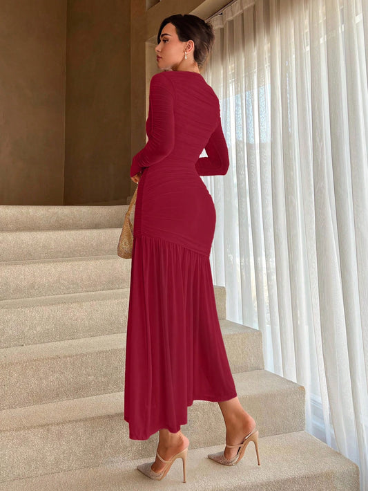 Women's Solid Color Round Neck Slim Fit Fishtail Hem Dress