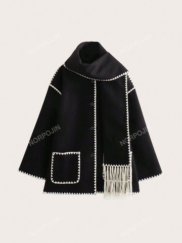 Woolen Coat Spliced With Scarf