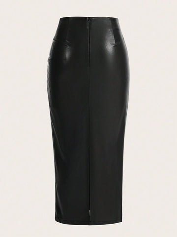 Raffin�a Solid Color Pleated Back Zipper Slit Skirt