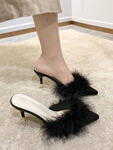 Women's Solid Color High Heel Slide Sandals With Metal Toe Fuzzy Decor