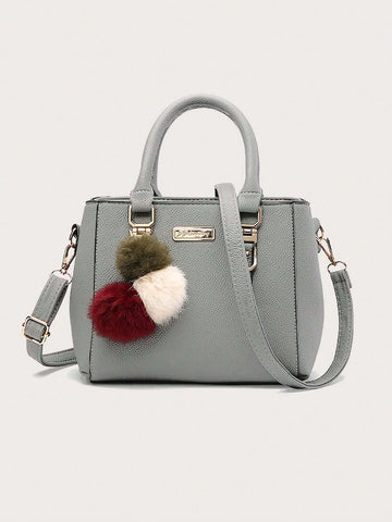 Waterproof,Lightweight,Business Casual Fuzzy Pompom Metal Decor Square Bag