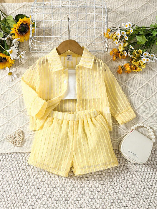 Baby Girl Jacquard Long Sleeve Shirt And Shorts And Camisole Vest Top Set