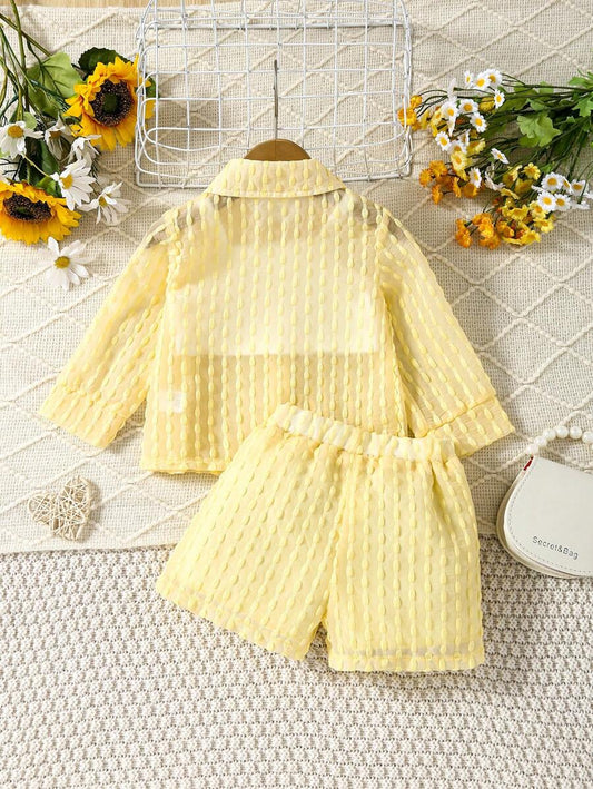Baby Girl Jacquard Long Sleeve Shirt And Shorts And Camisole Vest Top Set