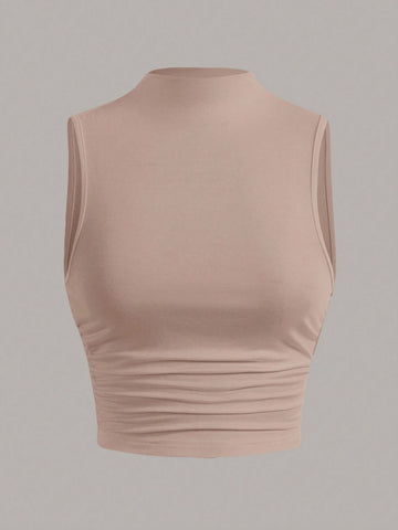 EZwear Stand Collar Pleated Sleeveless Top