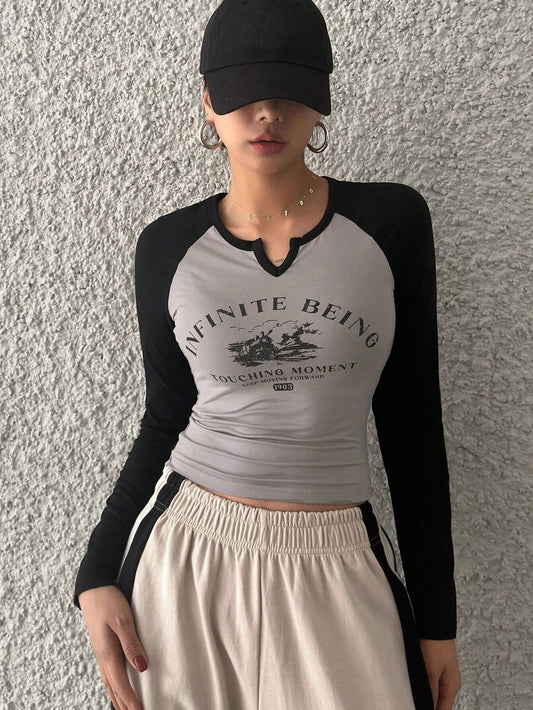 DAZY Color Block Raglan Sleeve Printed Slim Fit Long Sleeve Women's T-Shirt