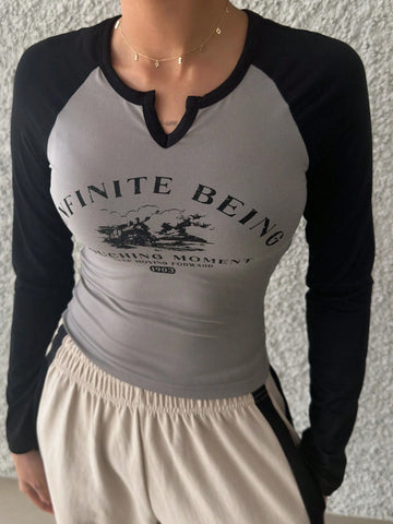 DAZY Color Block Raglan Sleeve Printed Slim Fit Long Sleeve Women's T-Shirt