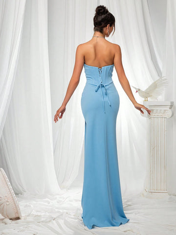 VIPGIRL Blue Strapless Slit Elegant Women's Evening Dress