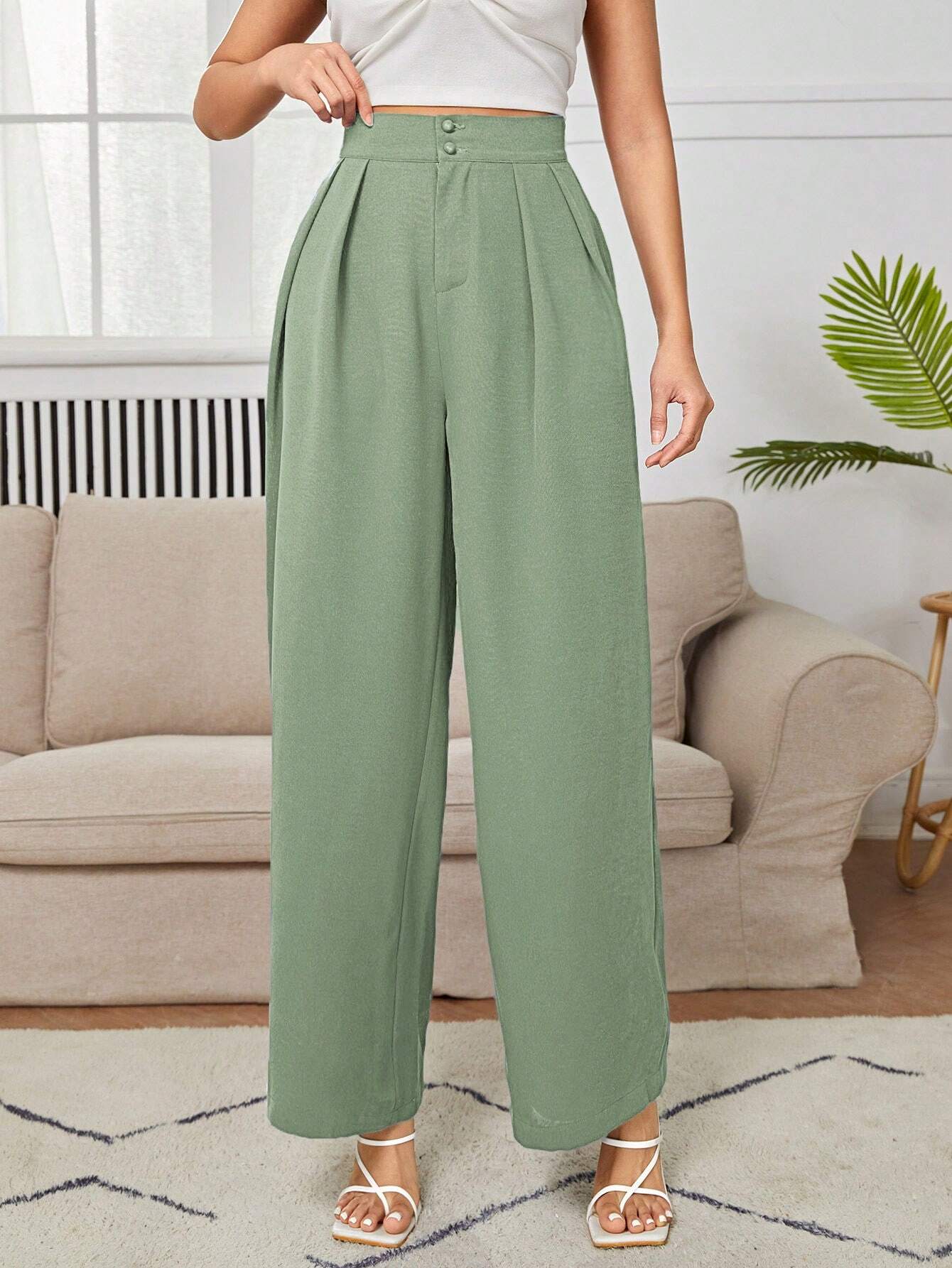 PETITE High Waist Plicated Wide Leg Black Dress Pants