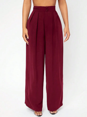 PETITE High Waist Plicated Wide Leg Black Dress Pants