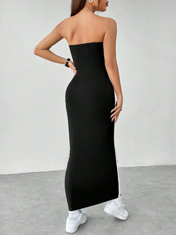Flirla Slim Fit Color Block Strapless Dress With Side Contrast Panels