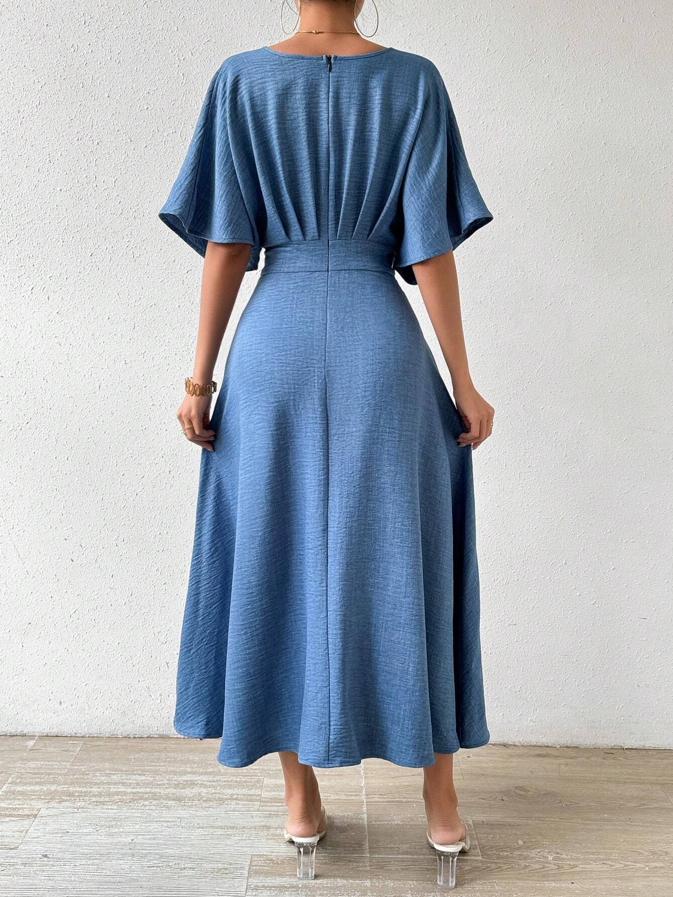 Priv� V-Neck Pleated Batwing Sleeve Dress