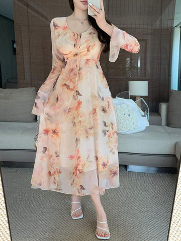 DAZY Women V-Neck Floral Printed Long Sleeve Chiffon Dress With Waist Tie