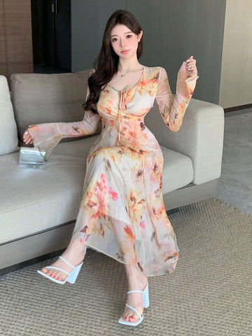 DAZY Women V-Neck Floral Printed Long Sleeve Chiffon Dress With Waist Tie