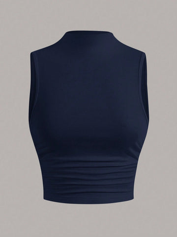 EZwear Stand Collar Pleated Sleeveless Top