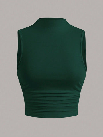 EZwear Stand Collar Pleated Sleeveless Top