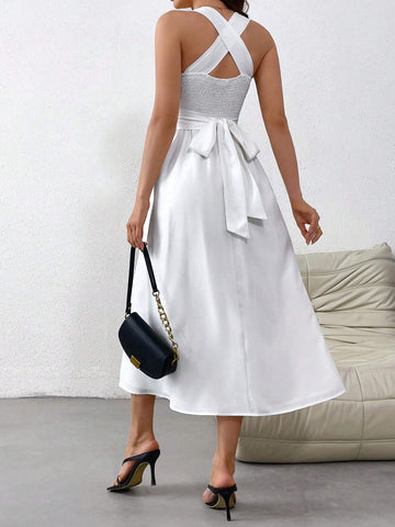 Women's Valentine's Day White Sleeveless French Cross Back Dress