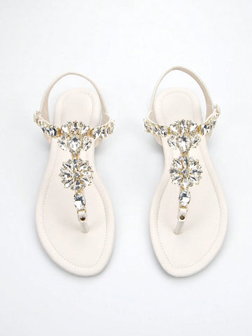 Women Rhinestone Decor Ankle Strap Thong Sandals