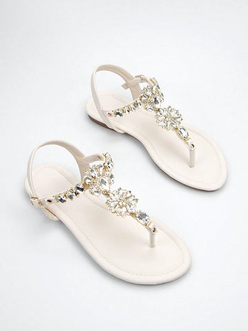 Women Rhinestone Decor Ankle Strap Thong Sandals
