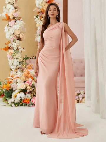 Belle Single Shoulder Chiffon Bridesmaid Dress With Draping Ruffles