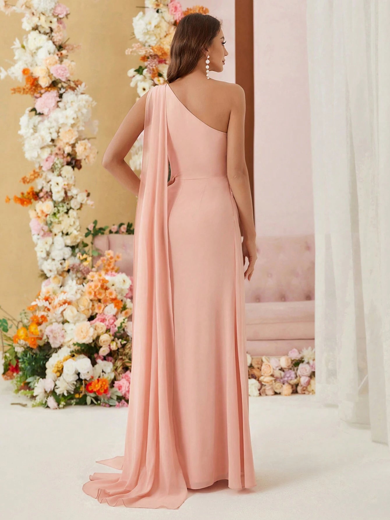 Belle Single Shoulder Chiffon Bridesmaid Dress With Draping Ruffles