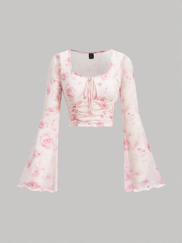 MOD Tie Dye Knot Front Flounce Sleeve Crop Top