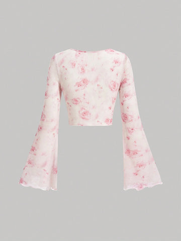 MOD Tie Dye Knot Front Flounce Sleeve Crop Top