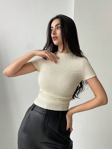 Aloruh Women's Solid Color Jacquard Knit Round Neck Short Sleeve Casual Top