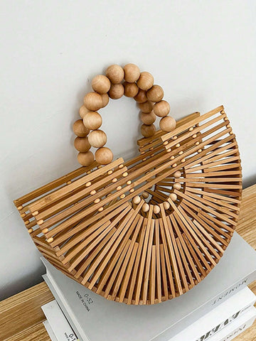 Fashionable Large Capacity Bamboo Woven & Wooden Beaded Handbag With Hollow Design