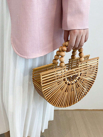 Fashionable Large Capacity Bamboo Woven & Wooden Beaded Handbag With Hollow Design