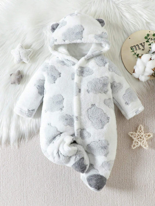 Baby Boy Hooded Printed Plush Footed Jumpsuit