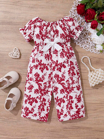 Baby Girl Floral Print Puff Sleeve Bow Front Jumpsuit